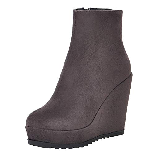 MISSUIT Damen Keilabsatz Plateau Stiefeletten High Heels mit Reißverschluss Ankle Boots Wedges Herbst Winter Schuhe(Grau,36) von MISSUIT