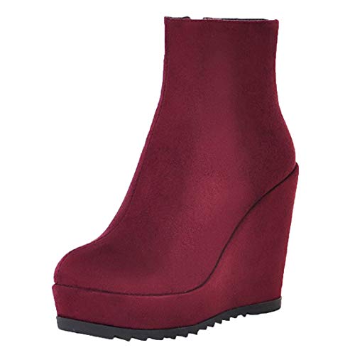 MISSUIT Damen Keilabsatz Plateau Stiefeletten High Heels mit Reißverschluss Ankle Boots Wedges Herbst Winter Schuhe(Weinrot,36) von MISSUIT