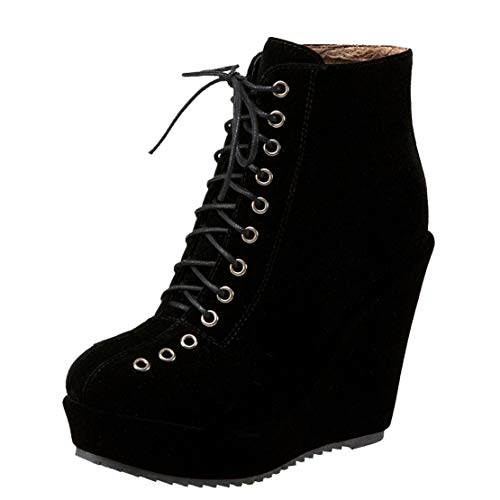 MISSUIT Damen Keilabsatz Stiefeletten High Heels Plateau Ankle Boots mit Schnürung 12cm Absatz Winter Damenschuhe(Schwarz,39) von MISSUIT
