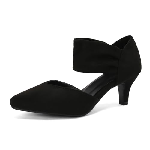 MISSUIT Damen Kitten Heel Pumps mit Knöchelriemen Absatz Spitz(Schwarz,34) von MISSUIT