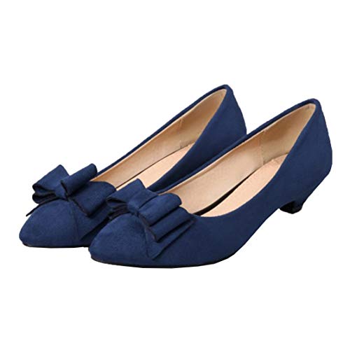MISSUIT Damen Kitten Heel Schleife Pumps Kleiner Absatz Rockabilly Spitz 4cm Absatz Schuhe(Blau,42) von MISSUIT