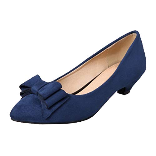 MISSUIT Damen Kitten Heel Schleife Pumps Kleiner Absatz Rockabilly Spitz 4cm Absatz Schuhe(Blau,43) von MISSUIT