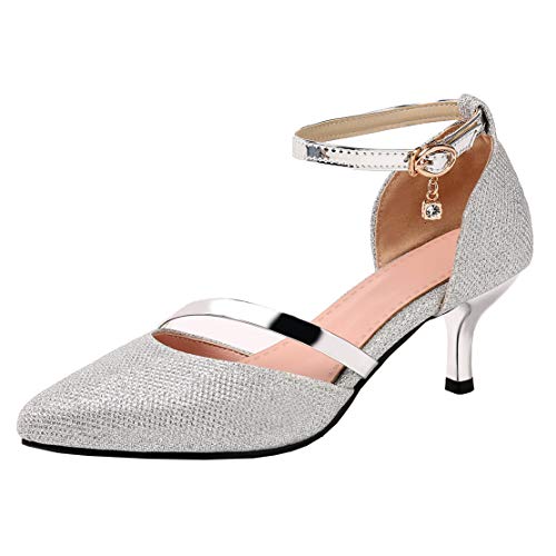 MISSUIT Damen Kitten Heels Knöchelriemchen Pumps Spitz Glitzer mit Riemchen Brautschuhe Hochzeitsschuhe Kleiner Absatz(Silber,34) von MISSUIT