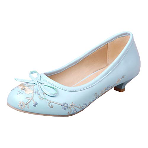MISSUIT Damen Kitten Heels Pumps Kleiner Absatz Rockabilly Round Toe Schuhe mit Schleife und Stickerei Blumen(Blau,40) von MISSUIT