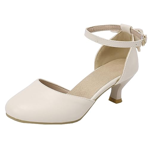 MISSUIT Damen Kitten Heels Pumps mit Riemchen Blockabsatz Kleiner Absatz Trichterabsatz Kreuz Knöchelriemchen Schuhe(Beige,36) von MISSUIT