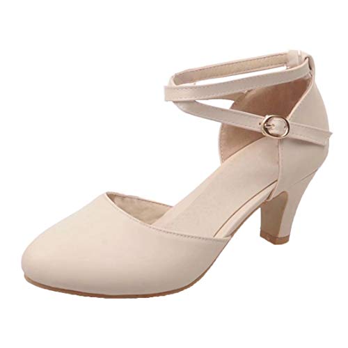 MISSUIT Damen Kitten Heels Pumps mit Riemchen Blockabsatz Kleiner Absatz Trichterabsatz Kreuz Knöchelriemchen Schuhe(Beige,41) von MISSUIT