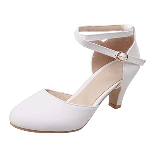 MISSUIT Damen Kitten Heels Pumps mit Riemchen Blockabsatz Kleiner Absatz Trichterabsatz Kreuz Knöchelriemchen Schuhe(Weiß,39) von MISSUIT