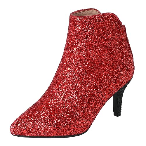 MISSUIT Damen Kitten Heels Stiefeletten Glitzer Ankle Boots mit 6cm Absatz Reißverschluss Hochzeit Braut Winter Schuhe(Rot,37) von MISSUIT