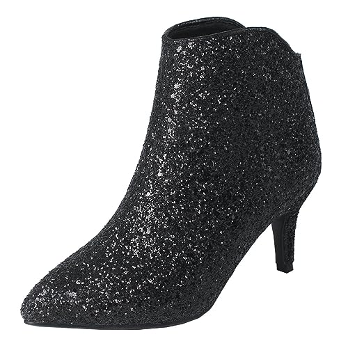 MISSUIT Damen Kitten Heels Stiefeletten Glitzer Ankle Boots mit 6cm Absatz Reißverschluss Hochzeit Braut Winter Schuhe(Schwarz,40) von MISSUIT