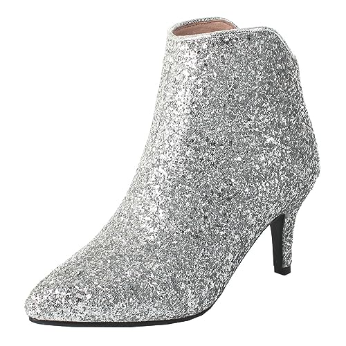 MISSUIT Damen Kitten Heels Stiefeletten Glitzer Ankle Boots mit 6cm Absatz Reißverschluss Hochzeit Braut Winter Schuhe(Silber,41) von MISSUIT