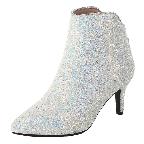 MISSUIT Damen Kitten Heels Stiefeletten Glitzer Ankle Boots mit 6cm Absatz Reißverschluss Hochzeit Braut Winter Schuhe(Weiß,40) von MISSUIT