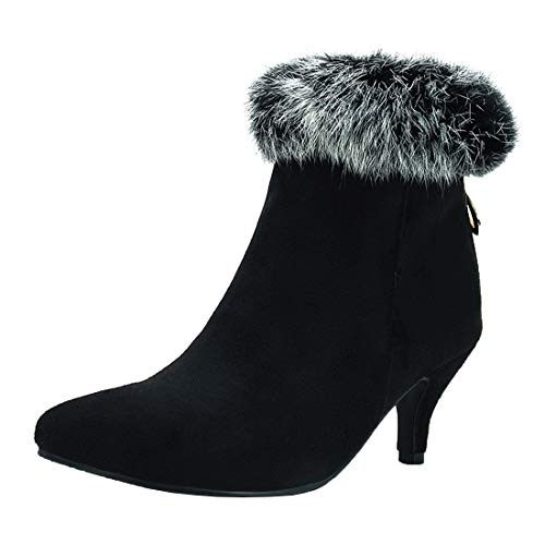 MISSUIT Damen Kitten Heels Stiefeletten Spitze Ankle Boots mit Fell und Reißverschluss Hinten Herbst Winter Schuhe(Schwarz,41) von MISSUIT