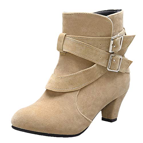 MISSUIT Damen Kitten Heels Stiefeletten mit Schnallen und 5cm Absatz Chunky Heels Ankle Boots Kleiner Absatz Kurzschaft Stiefel(Beige,38) von MISSUIT