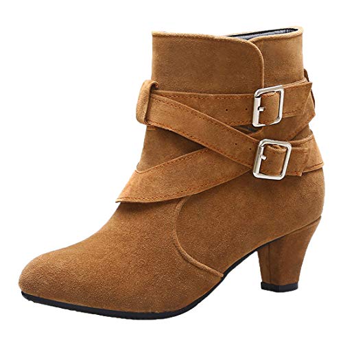 MISSUIT Damen Kitten Heels Stiefeletten mit Schnallen und 5cm Absatz Chunky Heels Ankle Boots Kleiner Absatz Kurzschaft Stiefel(Braun,41) von MISSUIT