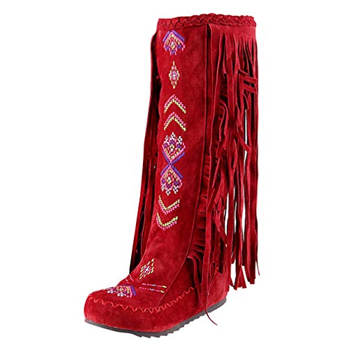 MISSUIT Damen Knee High Stiefel mit Fransen Kniehoch Stiefel Flach Retro Boots Herbst Winter Schuhe(Rot,37) von MISSUIT