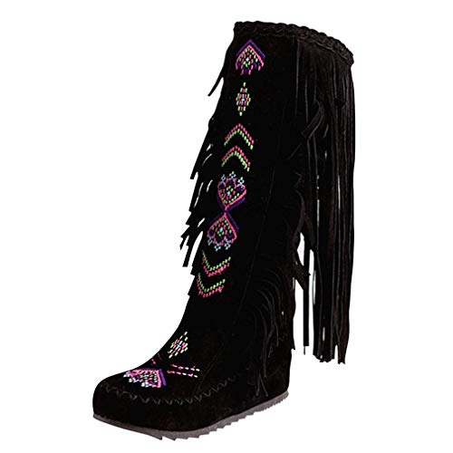 MISSUIT Damen Knee High Stiefel mit Fransen Kniehoch Stiefel Flach Retro Boots Herbst Winter Schuhe(Schwarz,38) von MISSUIT