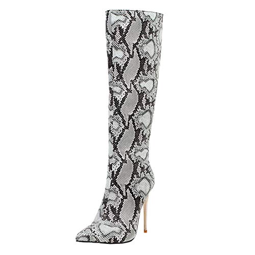 MISSUIT Damen Kniehoch Stiefel Stiletto High Heels Boots Spitz Kniehohe Stiefel mit 10cm Absatz und Reißverschluss Schuhe(Schlangenmuster Weiß,46) von MISSUIT