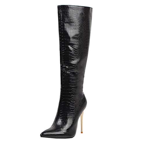 MISSUIT Damen Kniehoch Stiefel Stiletto High Heels Boots Spitz Kniehohe Stiefel mit 10cm Absatz und Reißverschluss Schuhe(Schwarz,41) von MISSUIT