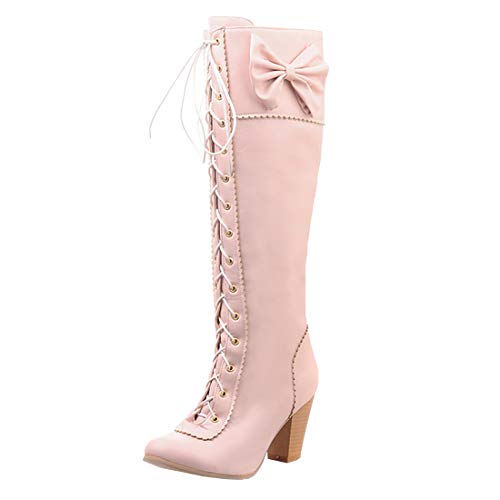 MISSUIT Damen Kniehohe Schnürstiefel High Heels Blockabsatz Stiefel mit Schleife Kniestiefel Schnürung Rockabilly Boots(Pink,45) von MISSUIT