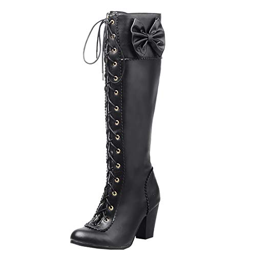 MISSUIT Damen Kniehohe Schnürstiefel High Heels Blockabsatz Stiefel mit Schleife Kniestiefel Schnürung Rockabilly Boots(Schwarz,40) von MISSUIT