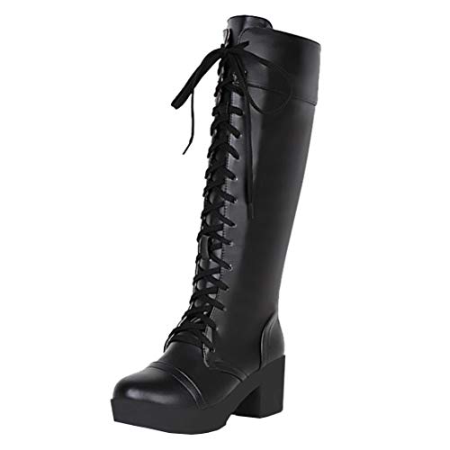 MISSUIT Damen Kniehohe Schnürstiefel Plateau Kniestiefel Schnürung Blockabsatz Kniehoch Stiefel 6cm Absatz(Schwarz,42) von MISSUIT