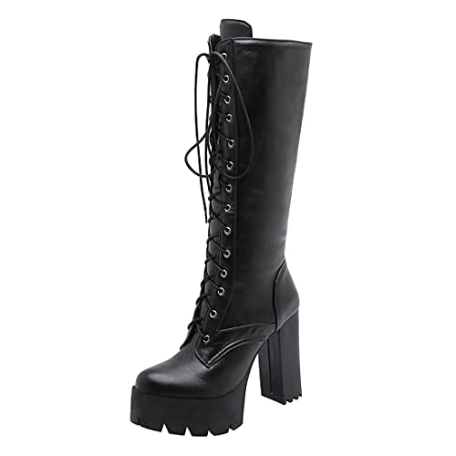 MISSUIT Damen Kniehohe Plateau High Heels Stiefel Mit Blockabsatz und Schnürung - Hohe Langschaft Schuhe (Schwarz, 40) von MISSUIT