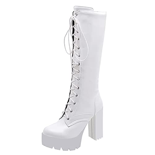 MISSUIT Damen Kniehohe Plateau High Heels Stiefel Mit Blockabsatz und Schnürung - Hohe Langschaft Schuhe (Weiß, 39) von MISSUIT