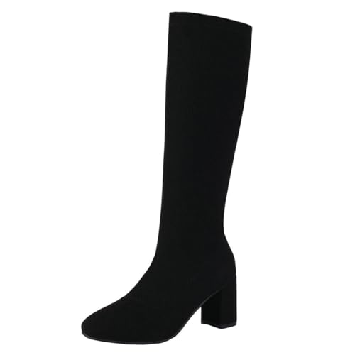 MISSUIT Damen Kniehohe Stiefel Stretch Strick Langschaft Stiefel mit Blockabsatz Hohe Stiefel High Heels Kniehoch Schuhe(Schwarz,34) von MISSUIT