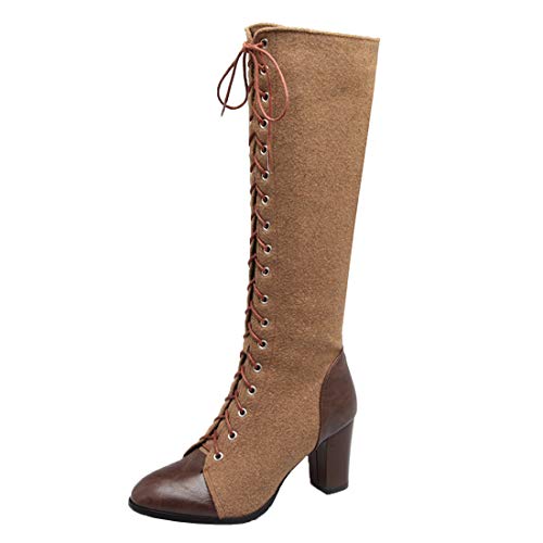 MISSUIT Damen Kniehohe Stiefel mit Blockabsatz High Heels Stiefel Kniehoch Langschaftstiefel Schnürung Reißverschluss Schuhe(Braun,35) von MISSUIT