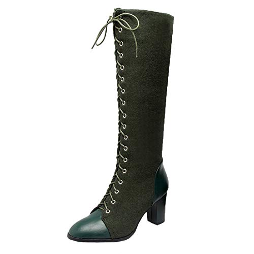 MISSUIT Damen Kniehohe Stiefel mit Blockabsatz High Heels Stiefel Kniehoch Langschaftstiefel Schnürung Reißverschluss Schuhe(Grün,39) von MISSUIT