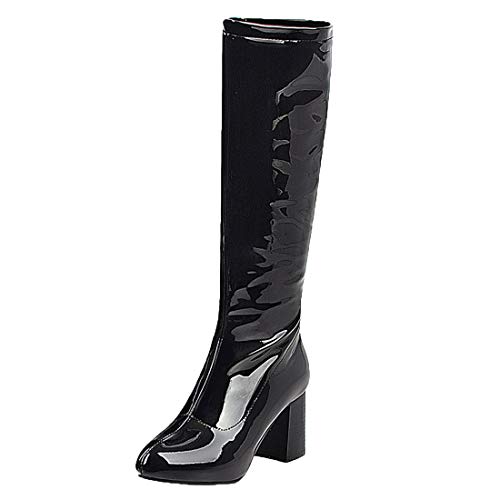 MISSUIT Damen Kniehohe Stiefel mit Blockabsatz High Heels Stiefel Lack Kniestiefel Reißverschluss Knee High Boots(Schwarz,39) von MISSUIT