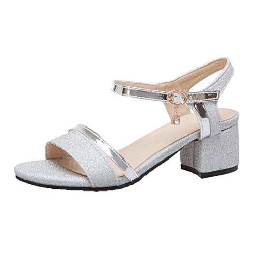 MISSUIT Damen Knöchelriemchen Sandalen Blockabsatz Glitzer Sandaletten mit Riemchen Absatz Schuhe(Silber,35) von MISSUIT