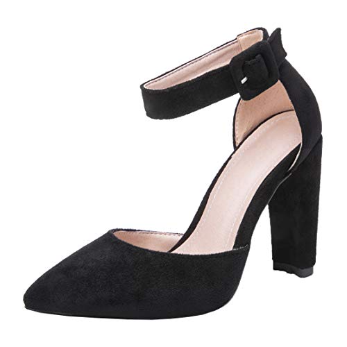 MISSUIT Damen Knöchelriemchen Sandalen High Heels Blockabsatz Spitze Riemchen Pumps 8cm Absatz Schuhe(Schwarz,37) von MISSUIT