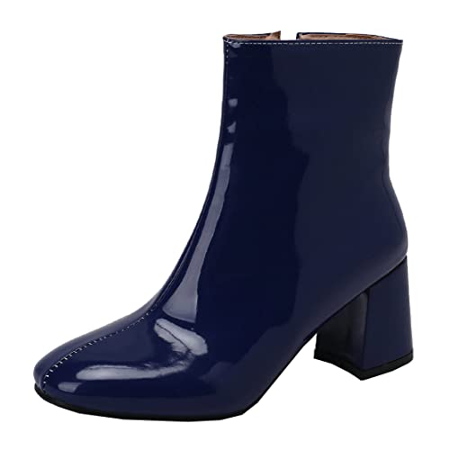 MISSUIT Damen Lack Ankle Boots Blockabsatz High Heels Stiefeletten Reißverschluss Kurzschaft Stiefel(Blau,39) von MISSUIT