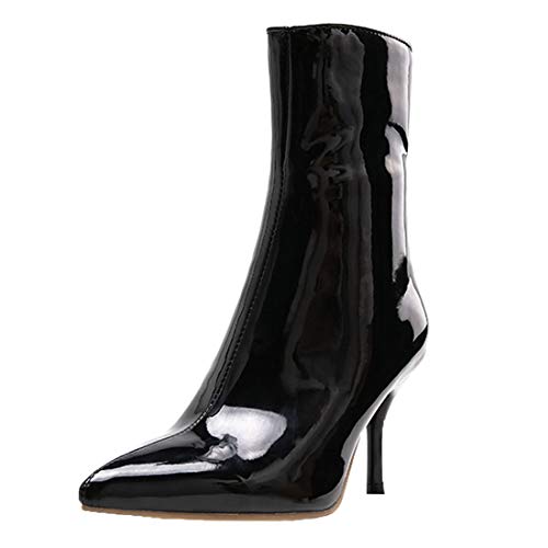 MISSUIT Damen Lack Ankle Boots High Heels Stiletto Stiefeletten Spitz mit 8cm Absatz und Reißverschluss Herbst Winter Schuhe(Schwarz,40) von MISSUIT