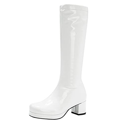 MISSUIT Damen Lack Blockabsatz Kniehohe Stiefel Plateau High Heels Stiefel Kniehoch Knee High Boots Reißverschluss(Weiß,37) von MISSUIT