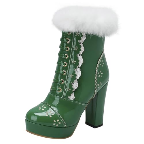 MISSUIT Damen Lack High Heels Blockabsatz Stiefeletten mit Fell Plateau Ankle Boots Reißverschluss Schuhe(Grün,38) von MISSUIT