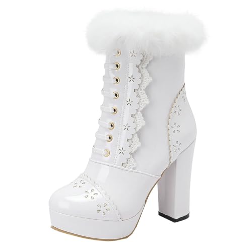 MISSUIT Damen Lack High Heels Blockabsatz Stiefeletten mit Fell Plateau Ankle Boots Reißverschluss Schuhe(Weiß,45) von MISSUIT