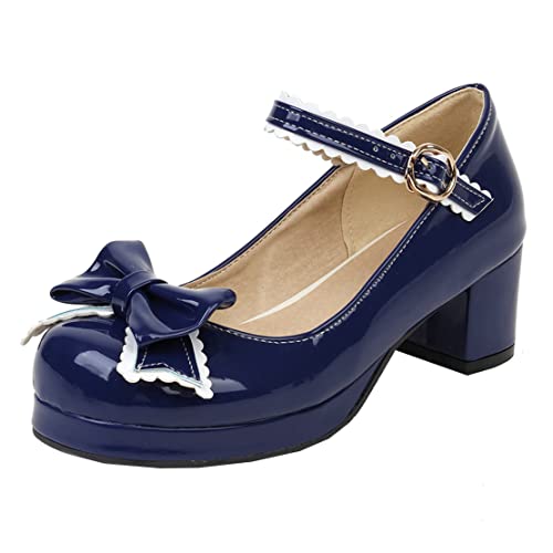 MISSUIT Damen Lack Mary Jane Blockabsatz Pumps mit Plateau und Riemchen Schleife Geschlossen Rockabilly Schuhe(Blau3,41) von MISSUIT