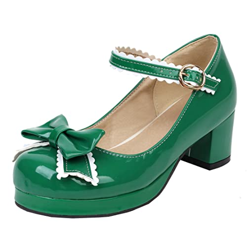 MISSUIT Damen Lack Mary Jane Blockabsatz Pumps mit Plateau und Riemchen Schleife Geschlossen Rockabilly Schuhe(Grün3,41) von MISSUIT