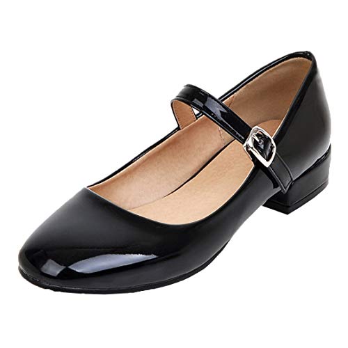 MISSUIT Damen Lack Mary Jane Damen Flach Pumps mit Riemchen Round Toe Geschlossen Schuhe(Schwarz,38) von MISSUIT