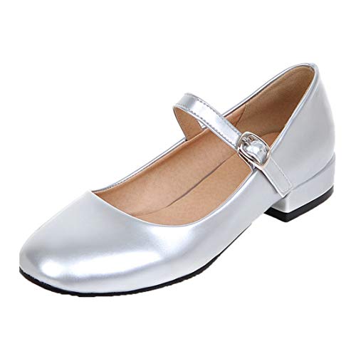 MISSUIT Damen Lack Mary Jane Damen Flach Pumps mit Riemchen Round Toe Geschlossen Schuhe(Silber,37) von MISSUIT