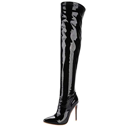 MISSUIT Damen Lack Overknee Stiefel High Heel Stiletto Boots mit Reißverschluss und 12cm Absatz Herbst Winter Schuhe (Schwarz,EU39) von MISSUIT