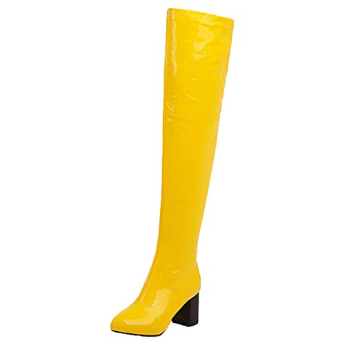 MISSUIT Damen Lack Overknee Stiefel High Heels Blockabsatz Boots Reißverschluss Chunky Heel Langschaftstiefel Winter Schuhe(Gelb,43) von MISSUIT