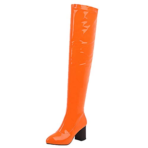 MISSUIT Damen Lack Overknee Stiefel High Heels Blockabsatz Boots Reißverschluss Chunky Heel Langschaftstiefel Winter Schuhe(Orange,38) von MISSUIT