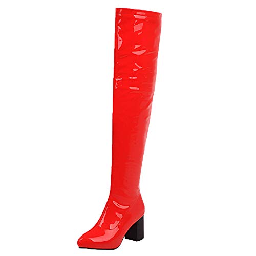 MISSUIT Damen Lack Overknee Stiefel High Heels Blockabsatz Boots Reißverschluss Chunky Heel Langschaftstiefel Winter Schuhe(Rot,45) von MISSUIT
