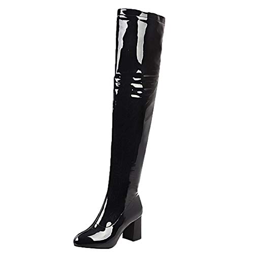 MISSUIT Damen Lack Overknee Stiefel High Heels Blockabsatz Boots Reißverschluss Chunky Heel Langschaftstiefel Winter Schuhe(Schwarz,36) von MISSUIT