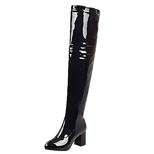 MISSUIT Damen Lack Overknee Stiefel High Heels Blockabsatz Boots Reißverschluss Chunky Heel Langschaftstiefel Winter Schuhe(Schwarz,37) von MISSUIT