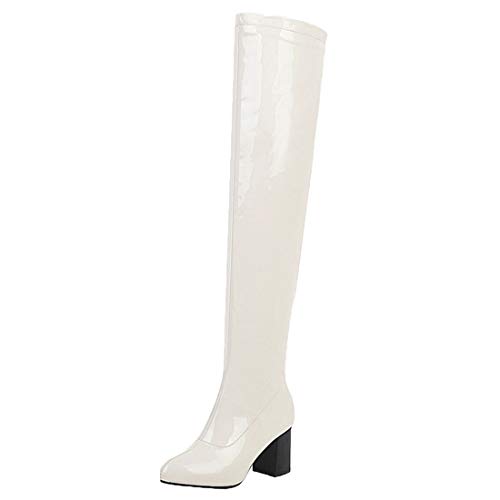 MISSUIT Damen Lack Overknee Stiefel High Heels Blockabsatz Boots Reißverschluss Chunky Heel Langschaftstiefel Winter Schuhe(Weiß,38) von MISSUIT