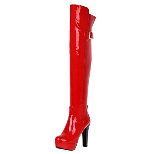 MISSUIT Damen Lack Overkneestiefel High Heels Blockabsatz Boots Plateau Stiefel mit Schnallen und Reißverschluss(Rot,38) von MISSUIT